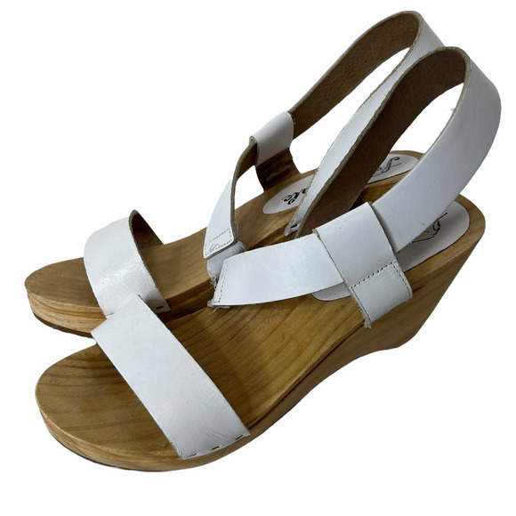 Free People Slingback Wedge Wood Boho Dune Beach Leather Chunky Sandals Heels - Picture 3 of 10